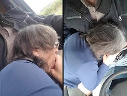 French - Granny sucks his cock in her truck