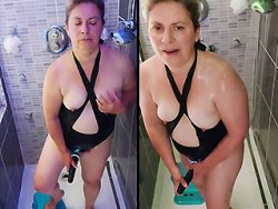 française, vibro - Mon épouse s'offre un orgasme en prenant sa douche